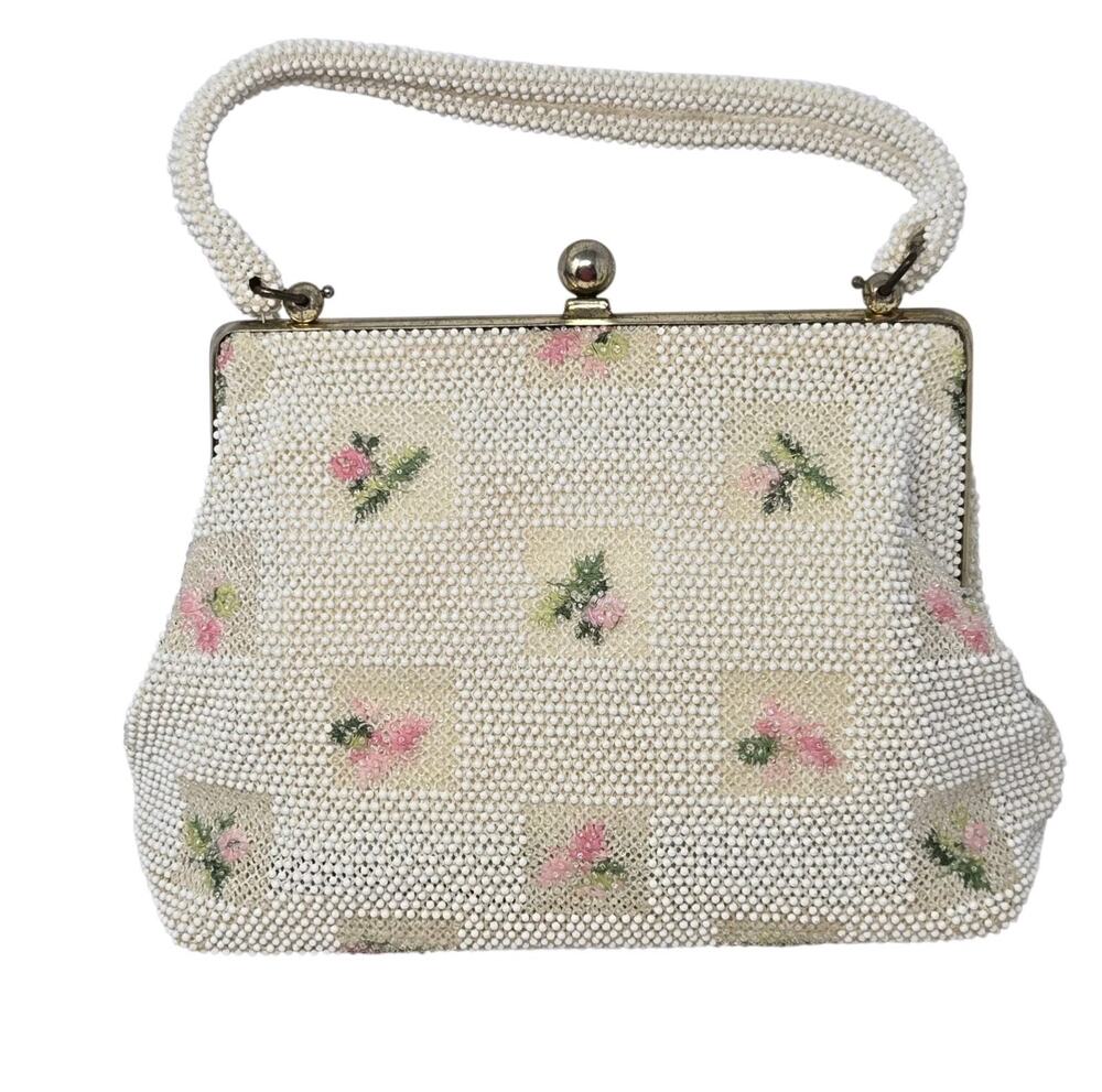 Vintage Corde Bead Lumured Petite Beaded Handbag Purse Ivory Floral 1950s